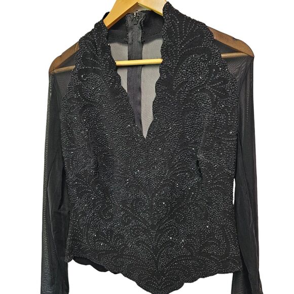 Vintage LILLIE‎ RUBIN Beaded Blouse V Neck Mesh Long Sleeve Corset Top LARGE - Picture 5 of 7